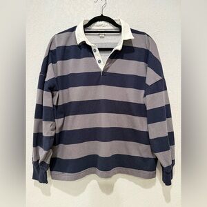 BDG Striped Rugby Polo Shirt - Navy & Gray